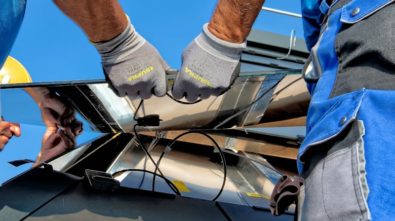 Solar panels on a house roof in a residential area
